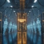 A row of holographic human figures labeled "Copilot" stands between server racks, facing a central pillar labeled "Autonomous Agent" in a futuristic data center.