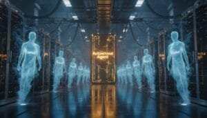 A row of holographic human figures labeled "Copilot" stands between server racks, facing a central pillar labeled "Autonomous Agent" in a futuristic data center.