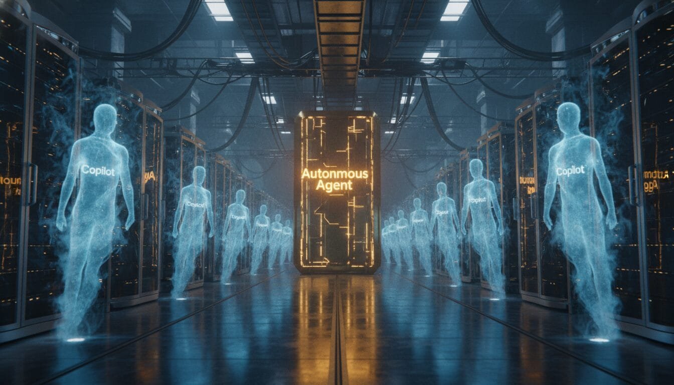 A row of holographic human figures labeled "Copilot" stands between server racks, facing a central pillar labeled "Autonomous Agent" in a futuristic data center.