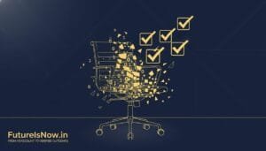 A digital office chair dissolves into data symbols beside four checked boxes. Text reads "FutureIsNow.in - From Headcount to Verified Outcomes.