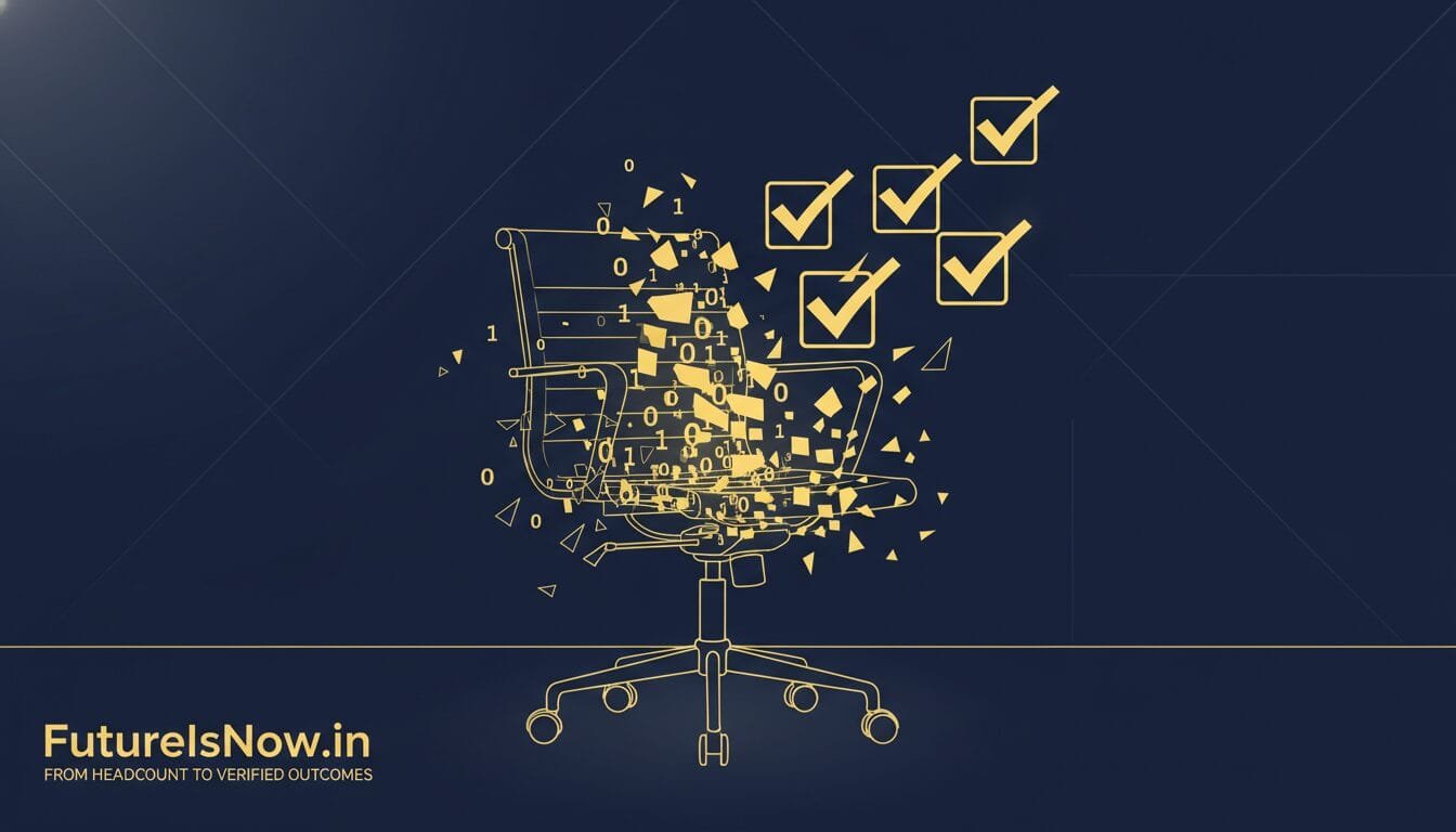 A digital office chair dissolves into data symbols beside four checked boxes. Text reads "FutureIsNow.in - From Headcount to Verified Outcomes.
