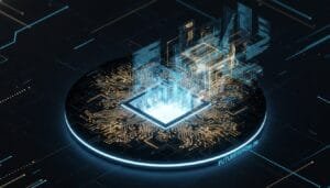 A glowing digital microchip emits holographic circuit patterns and data streams on a dark, futuristic background, with "FUTUREISNOW.IN" written on the edge.