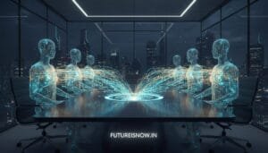 Digital humanoid figures sit around a conference table with holographic data streams, set in a modern office with city skyline views. "FUTUREISNOW.IN" is displayed on the table.