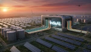 A modern facility labeled "India AI" is connected to tanks and surrounded by solar panels, wind turbines, and drones under a sunset sky.