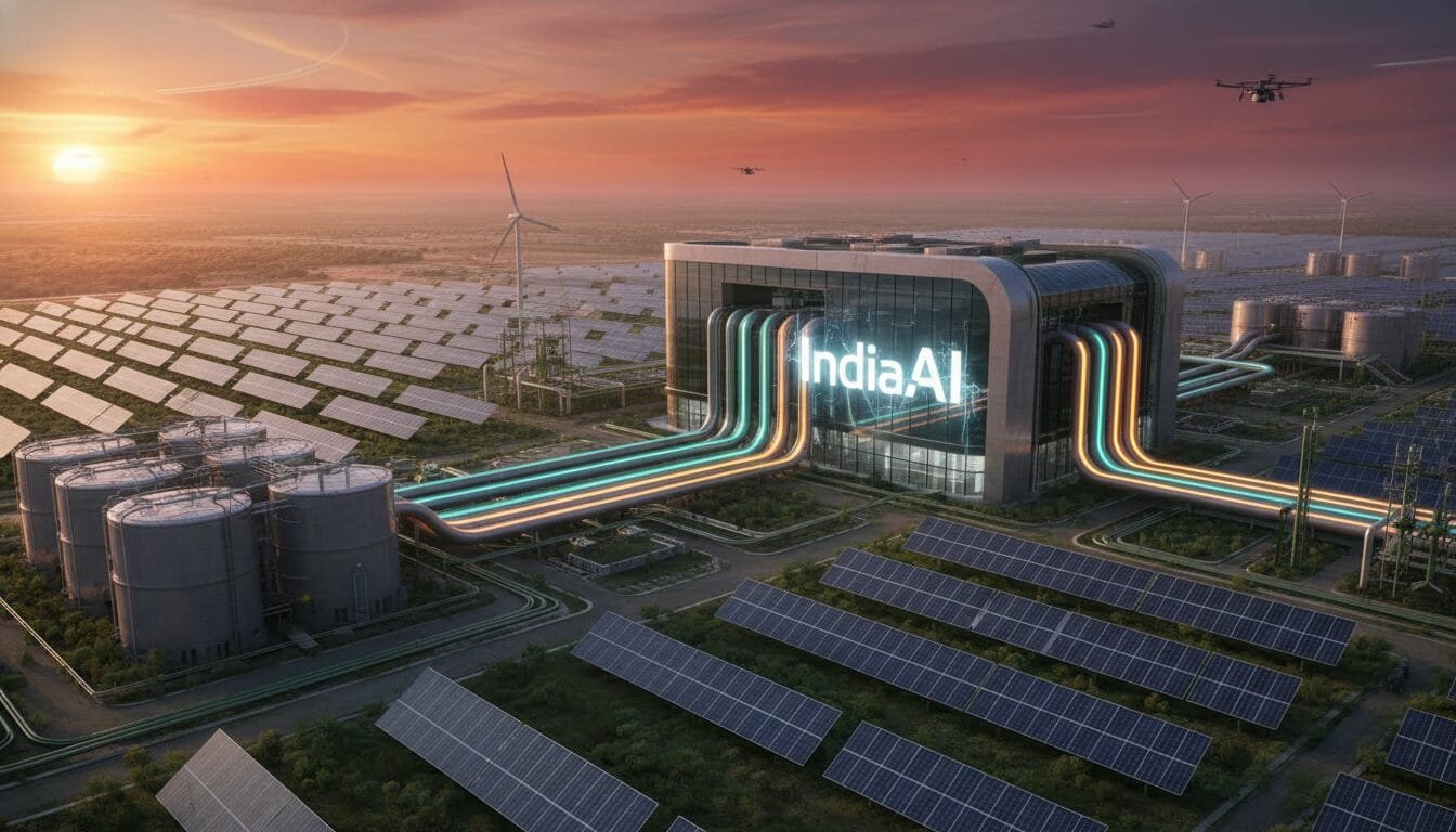 A modern facility labeled "India AI" is connected to tanks and surrounded by solar panels, wind turbines, and drones under a sunset sky.