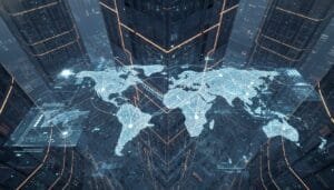 Digital world map overlay with glowing network connections displayed among tall futuristic buildings in a cityscape at night.