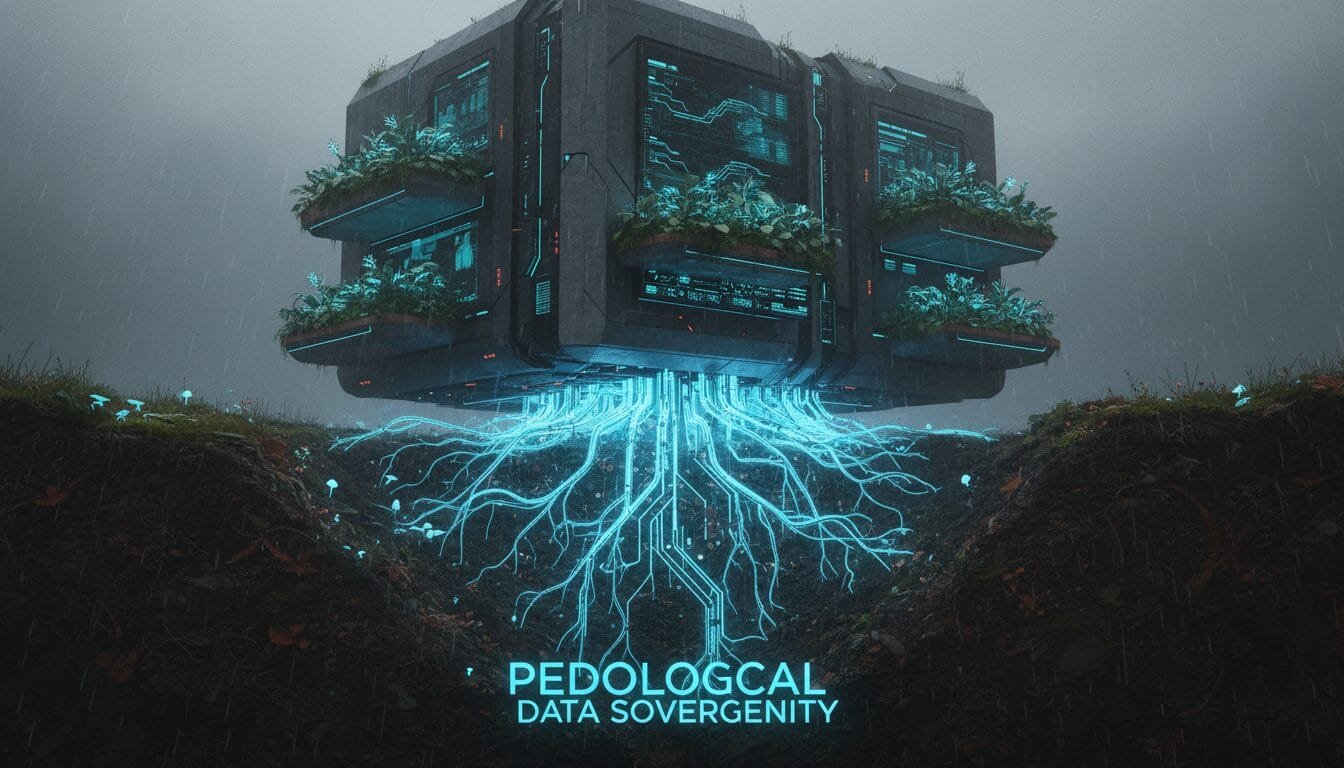 A floating, futuristic building with digital roots extending into soil, covered in plants and circuits, under rain. Text reads: "Pedological Data Sovereignty.