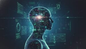 Digital illustration of a human head silhouette with glowing neural activity and floating data interfaces, representing artificial intelligence and data processing.
