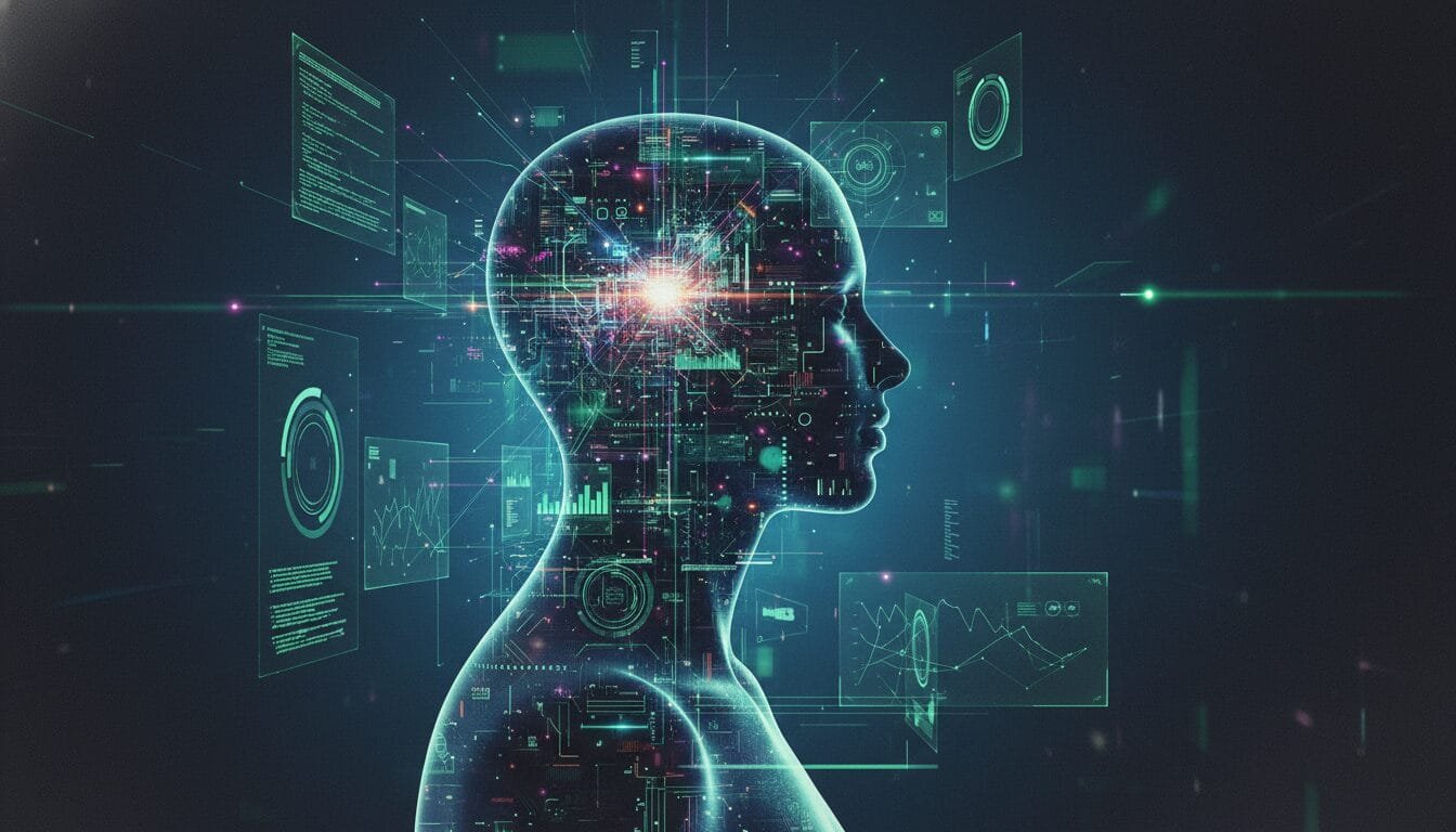 Digital illustration of a human head silhouette with glowing neural activity and floating data interfaces, representing artificial intelligence and data processing.