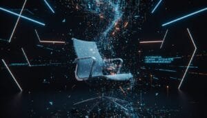 A modern office chair surrounded by digital data streams and neon lines in a dark, futuristic setting, with the phrases "AUTONOMOUS HUMAN INTERFACE DECOMMISSIONED" visible.