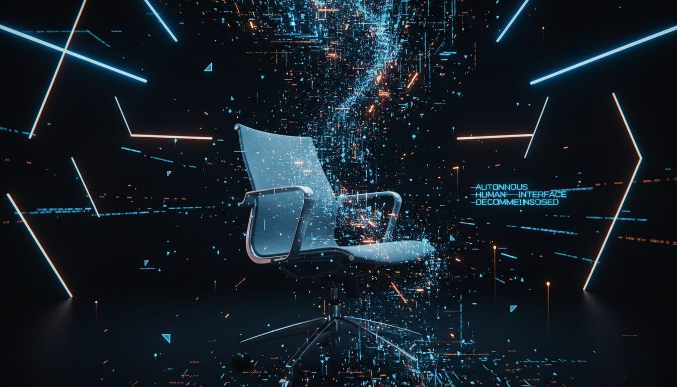 A modern office chair surrounded by digital data streams and neon lines in a dark, futuristic setting, with the phrases "AUTONOMOUS HUMAN INTERFACE DECOMMISSIONED" visible.