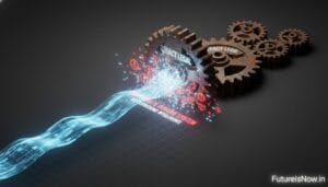 A digital stream labeled "Next-Gen Private Immune System" flows from gears labeled "Legacy Legal" and "Ready Legal," symbolizing technology upgrading legal systems.