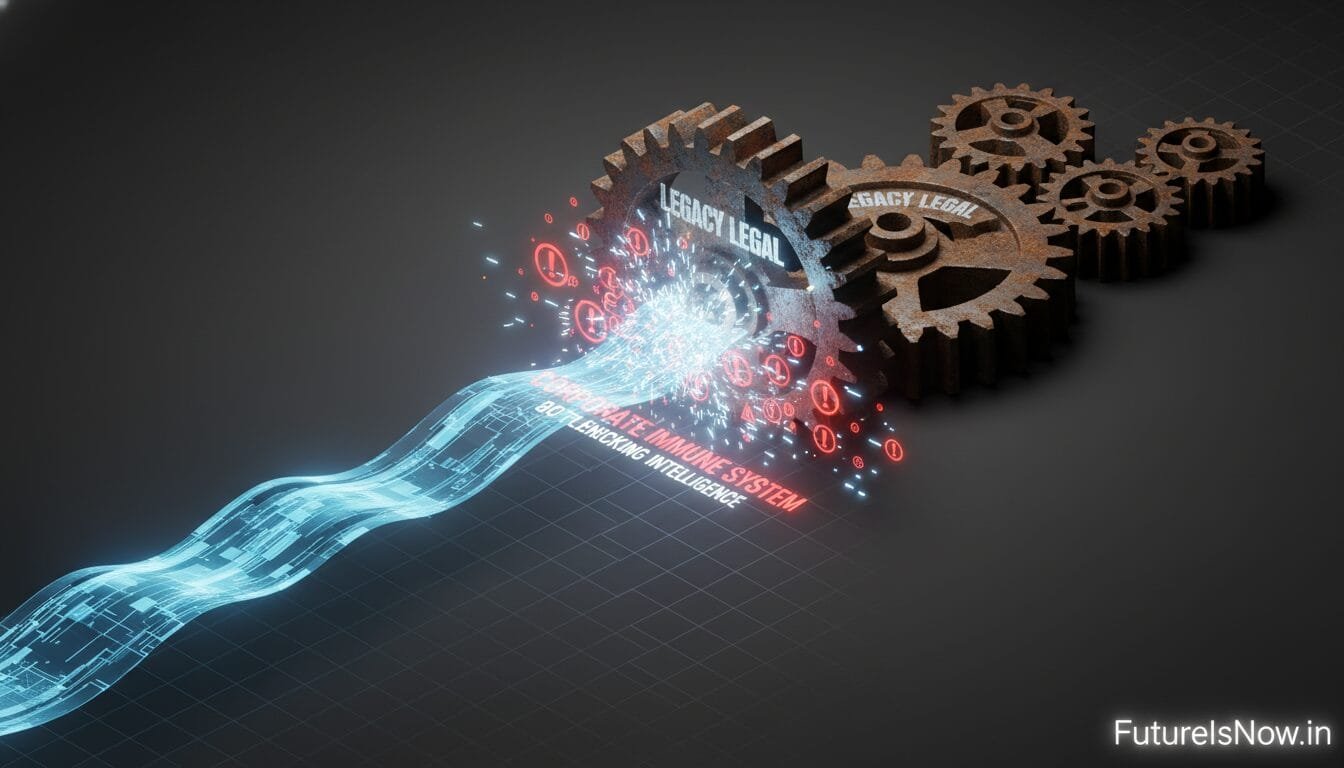 A digital stream labeled "Next-Gen Private Immune System" flows from gears labeled "Legacy Legal" and "Ready Legal," symbolizing technology upgrading legal systems.