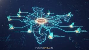 Digital map of India with highlighted technology hubs and innovation centers connected to a central point labeled "Ministry of Finance.