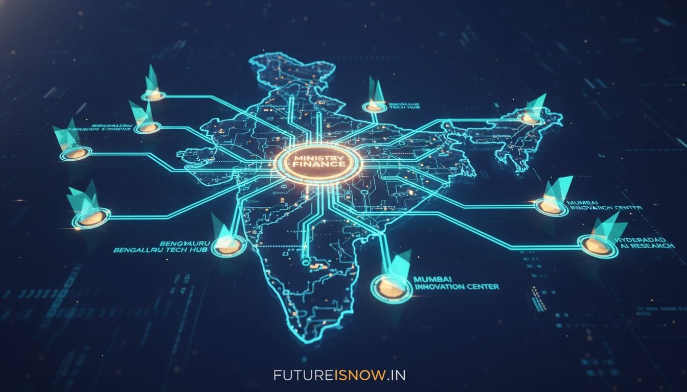 Digital map of India with highlighted technology hubs and innovation centers connected to a central point labeled "Ministry of Finance.