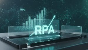 A digital tablet displays “RPA” with upward graphs and data visuals, representing robotic process automation and growth in technology.