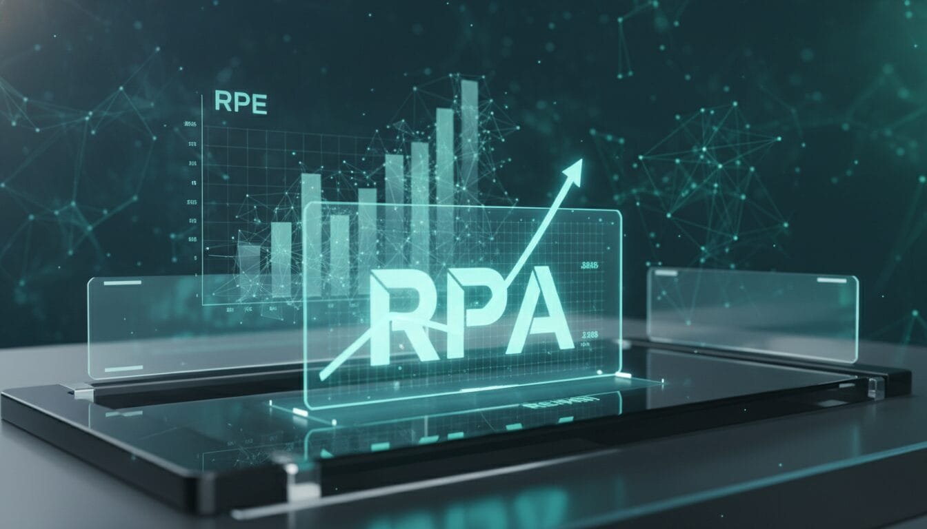 A digital tablet displays “RPA” with upward graphs and data visuals, representing robotic process automation and growth in technology.
