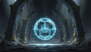 A glowing blue geometric sphere floats in the center of ancient stone ruins, surrounded by beams of light and scattered debris.