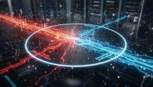 A digital concept image showing red and blue circuit lines crossing in the center of a circle, representing cybersecurity or a cyberattack in a data network environment.