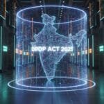Digital rendering of India’s map with “DPDP ACT 2023” text, surrounded by data servers labeled “Sovereign Compute” in a futuristic server room.