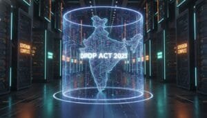 Digital rendering of India’s map with “DPDP ACT 2023” text, surrounded by data servers labeled “Sovereign Compute” in a futuristic server room.