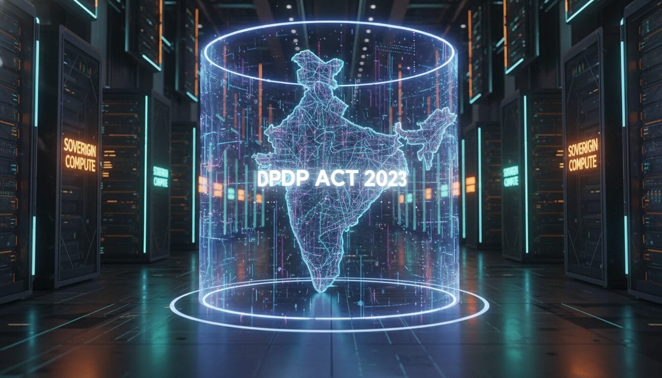 Digital rendering of India’s map with “DPDP ACT 2023” text, surrounded by data servers labeled “Sovereign Compute” in a futuristic server room.