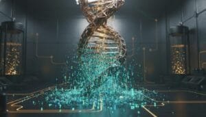 A digital DNA double helix emits glowing data streams in a futuristic lab setting with high-tech equipment in the background.