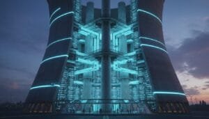 Futuristic industrial facility with tall concrete structures, illuminated blue lights, and multiple levels; people and a drone are visible near the entrance at dusk.