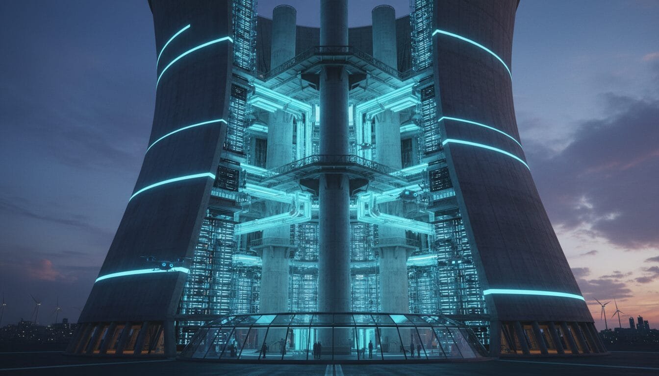 Futuristic industrial facility with tall concrete structures, illuminated blue lights, and multiple levels; people and a drone are visible near the entrance at dusk.