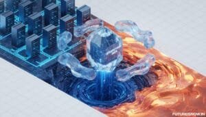 A digital artwork shows a crystal labeled "APPLICATION DATA" bridging blue circuit-like blocks and orange molten terrain, surrounded by transparent "GLASSWRAPPERS.