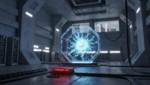 A glowing octagonal chamber marked “AI” emits blue electricity in a futuristic server room; a red “WARNING: BREACH – ALERT” sign is illuminated on the floor.