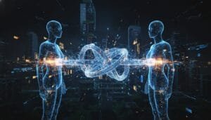 Two digital human figures face each other in a futuristic cityscape, connected by a glowing, intertwined energy loop at their centers.