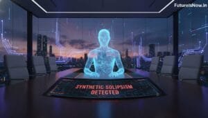 A holographic human figure sits at a conference table with "SYNTHETIC SOLIPSISM DETECTED" displayed on a screen; futuristic cityscape visible through windows.