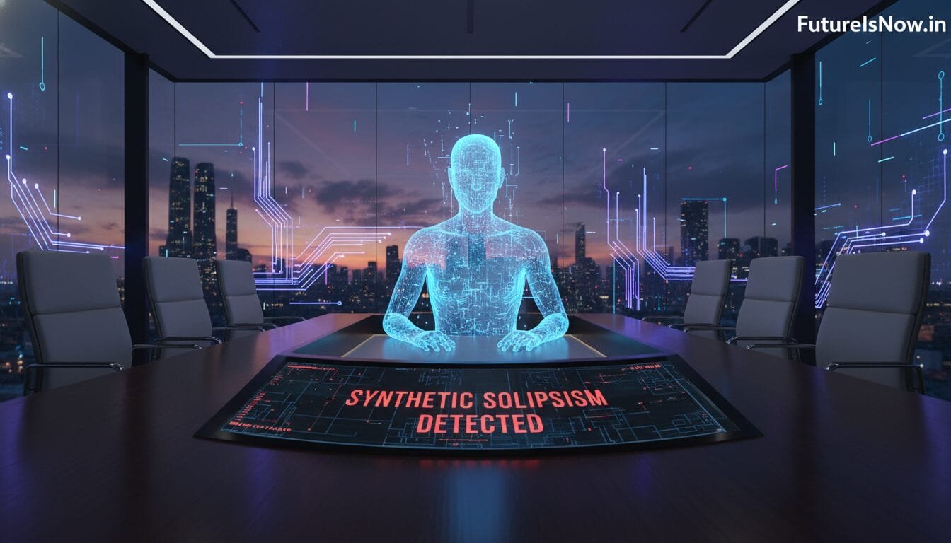 A holographic human figure sits at a conference table with "SYNTHETIC SOLIPSISM DETECTED" displayed on a screen; futuristic cityscape visible through windows.