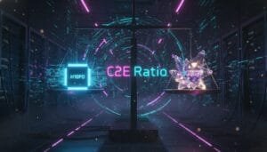 A digital scale balances a microchip labeled "HIOPO" on one side and a crystal labeled "Corporate Equity" on the other, with "C2E Ratio" glowing in the center.