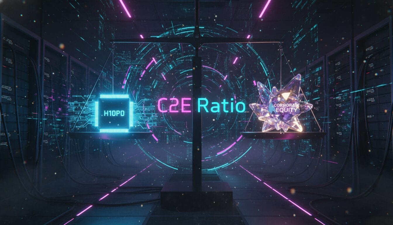 A digital scale balances a microchip labeled "HIOPO" on one side and a crystal labeled "Corporate Equity" on the other, with "C2E Ratio" glowing in the center.