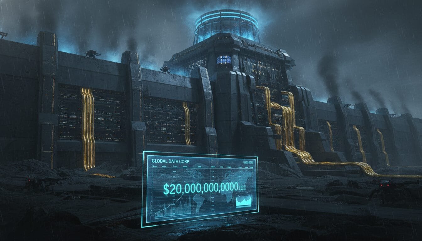 A futuristic, industrial facility with glowing blue lights and digital pipes displays a transparent screen showing "GLOBAL DATA CORP: $20,000,000,000 USD" in a rainy, dark environment.