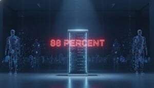 A server rack stands in a dark room, illuminated by the neon text "88 PERCENT," with two translucent humanoid figures on either side.