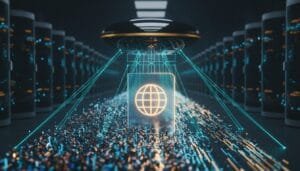 Futuristic server room with rows of servers, a glowing globe icon, and digital lines representing data transfer connecting to a hovering device above.