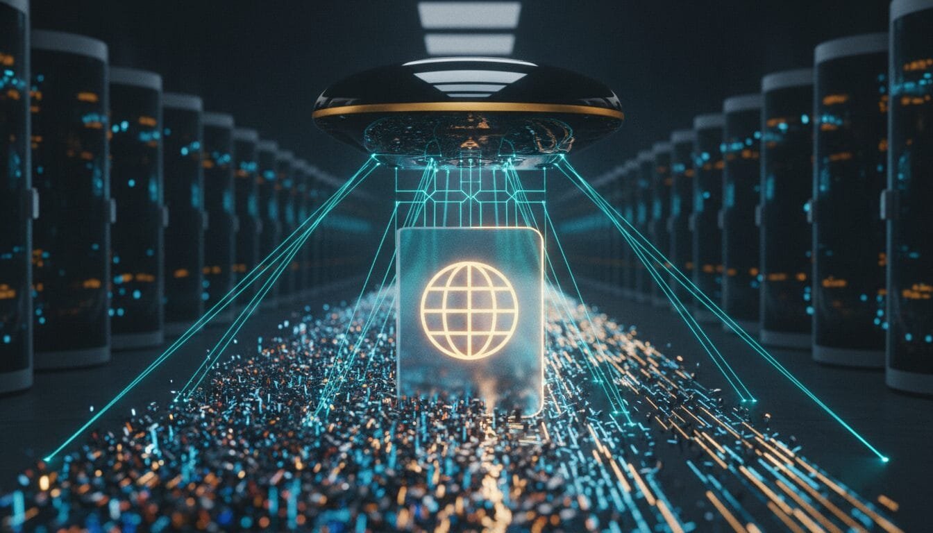 Futuristic server room with rows of servers, a glowing globe icon, and digital lines representing data transfer connecting to a hovering device above.
