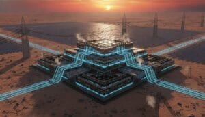 Futuristic building with glowing blue lines, surrounded by solar panels and power lines in a desert landscape at sunset.