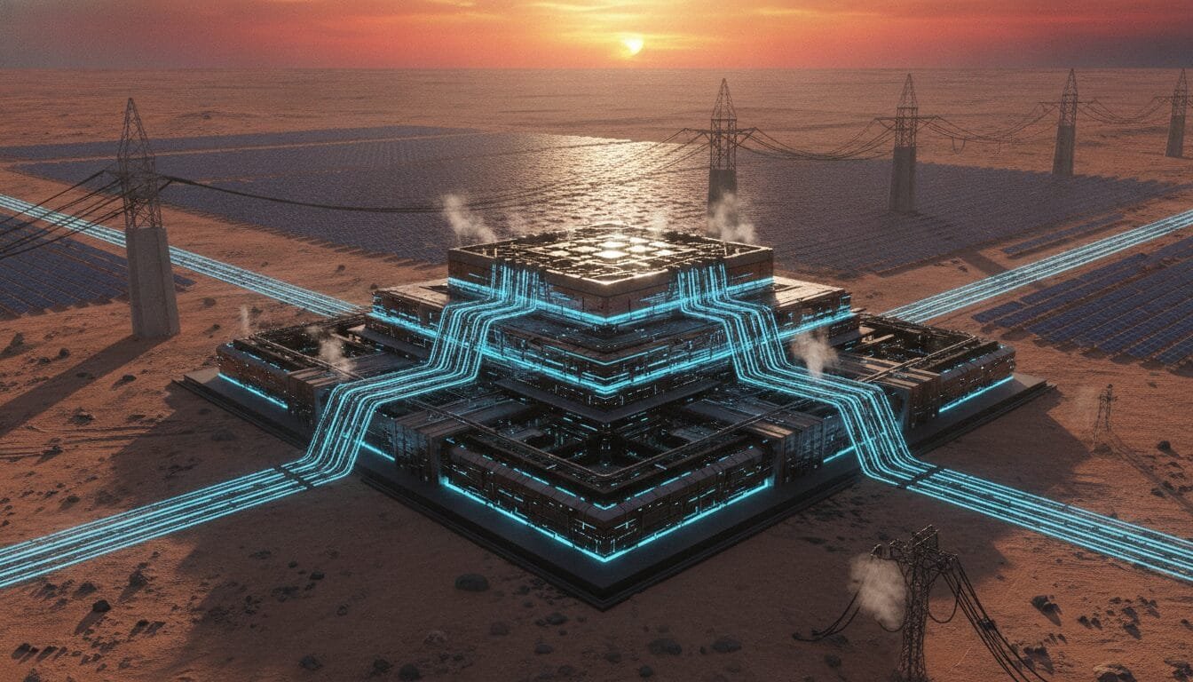 Futuristic building with glowing blue lines, surrounded by solar panels and power lines in a desert landscape at sunset.