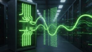 A server rack in a data center with glowing green lines and digital data streams representing data transfer and network activity.