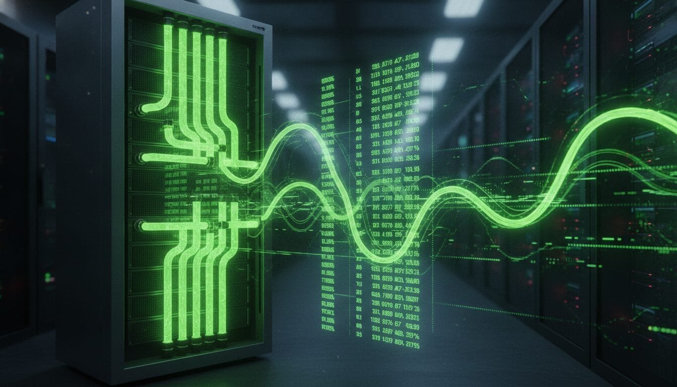 A server rack in a data center with glowing green lines and digital data streams representing data transfer and network activity.