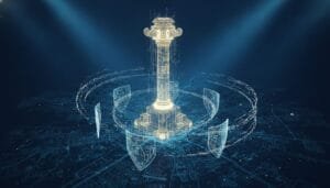 A digital rendering of a classical column surrounded by holographic shields and a circular pattern, set against a dark, schematic map background.