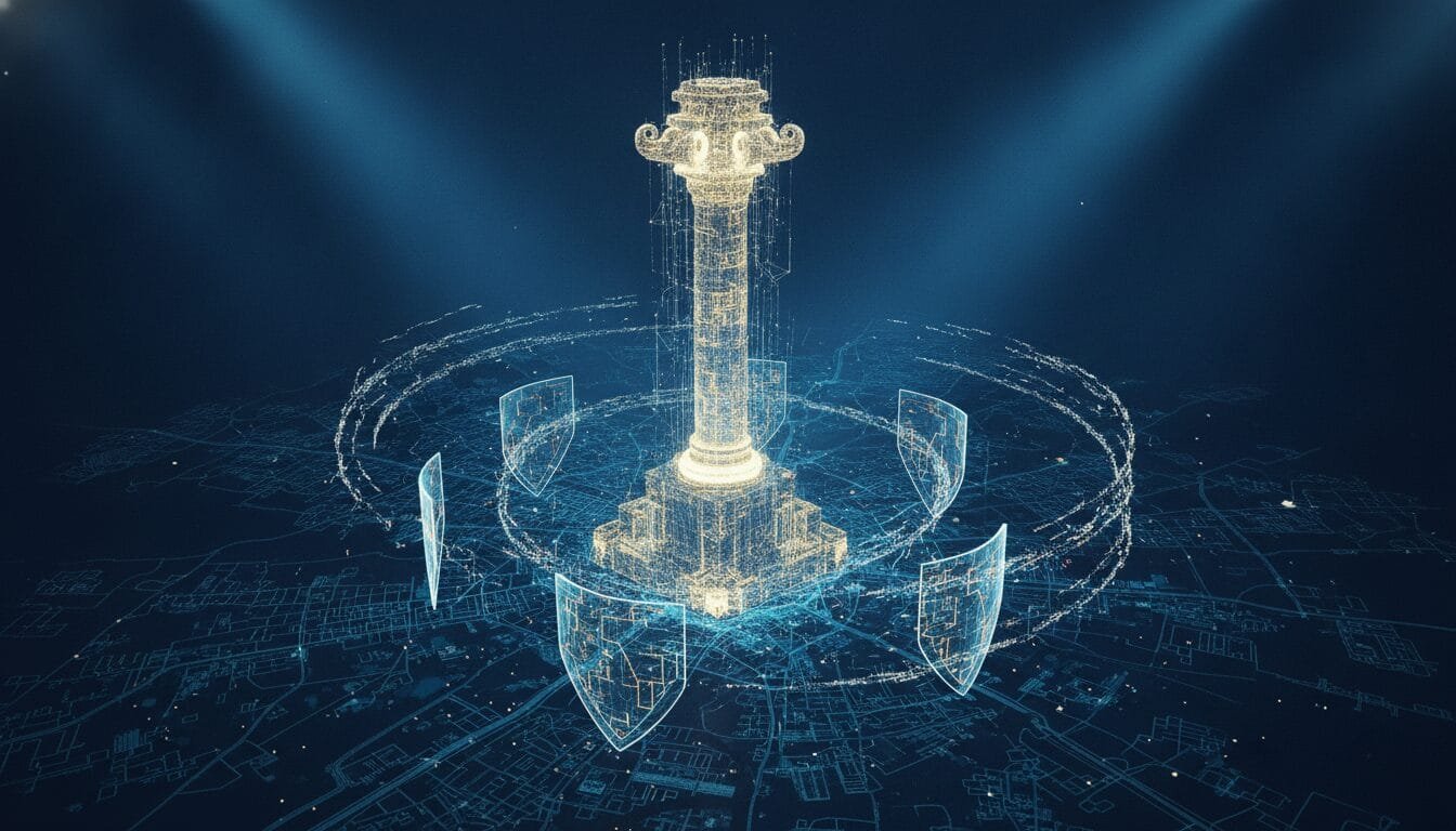 A digital rendering of a classical column surrounded by holographic shields and a circular pattern, set against a dark, schematic map background.