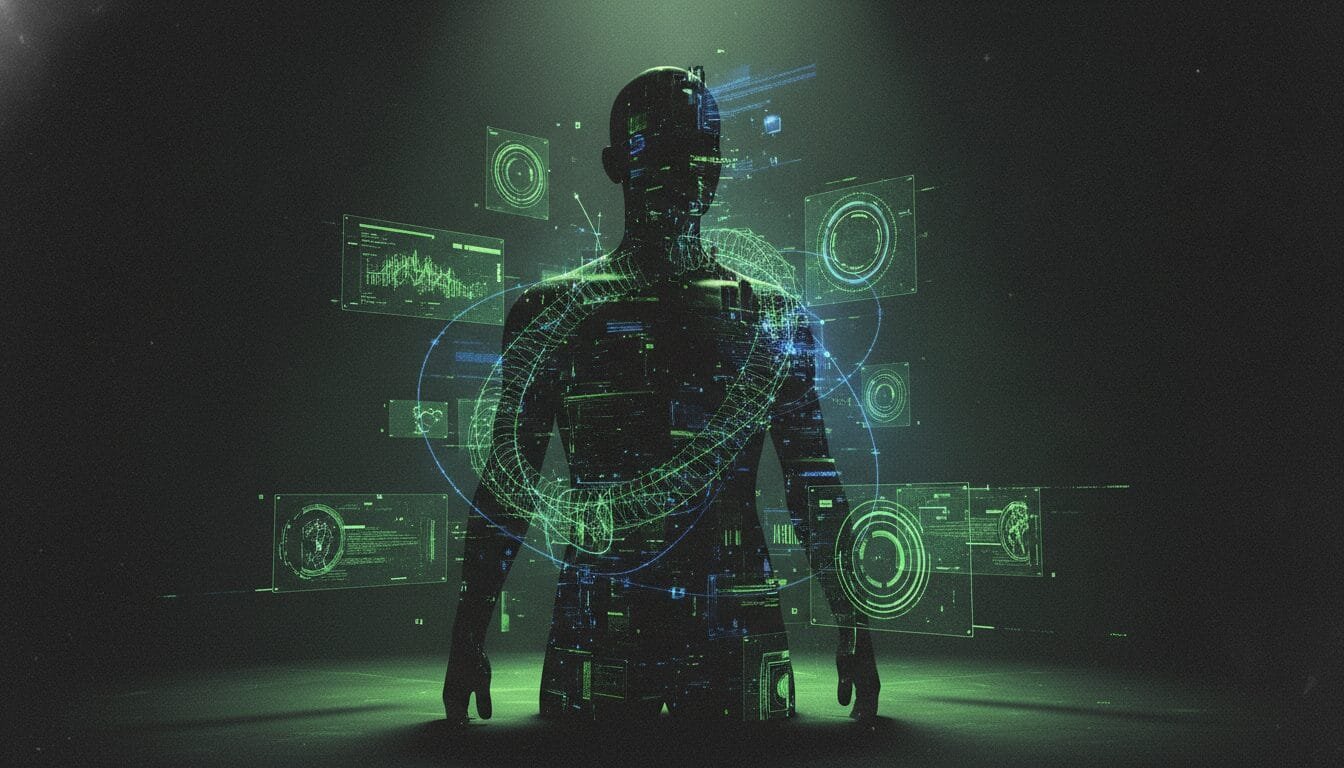 A silhouetted human figure stands surrounded by floating digital data interfaces and holographic elements in green, suggesting advanced technology and data analysis.