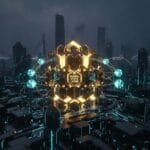 Futuristic digital cityscape with a glowing hexagonal structure labeled “Global State Layer” at the center, connected to floating nodes by illuminated lines.