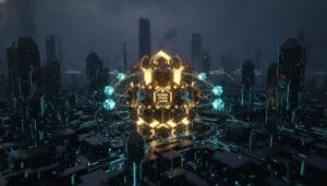 Futuristic digital cityscape with a glowing hexagonal structure labeled “Global State Layer” at the center, connected to floating nodes by illuminated lines.