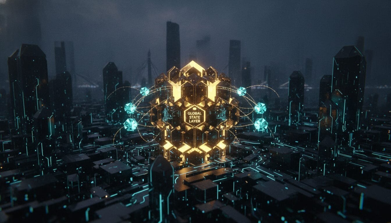Futuristic digital cityscape with a glowing hexagonal structure labeled “Global State Layer” at the center, connected to floating nodes by illuminated lines.
